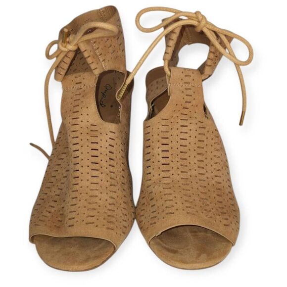 QUPID TAN OPEN TOE BLOCK HEELS BOOTIES SZ.7.5 EUC. - Picture 3 of 9